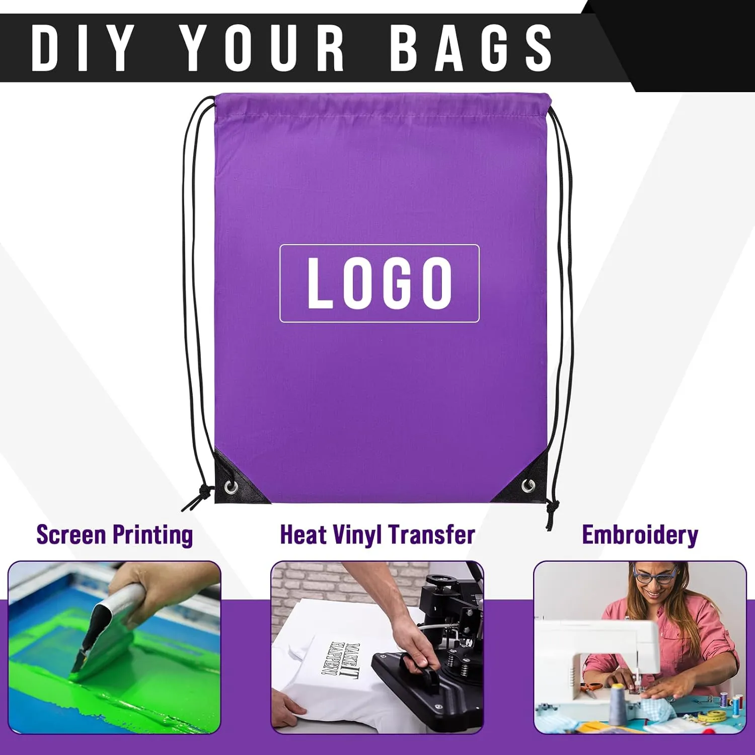 100 Pieces Drawstring Backpack Bags Bulk Back Sack String Bags Cinch Storage Bags for Gym School Travel DIY Gifts (Purple)