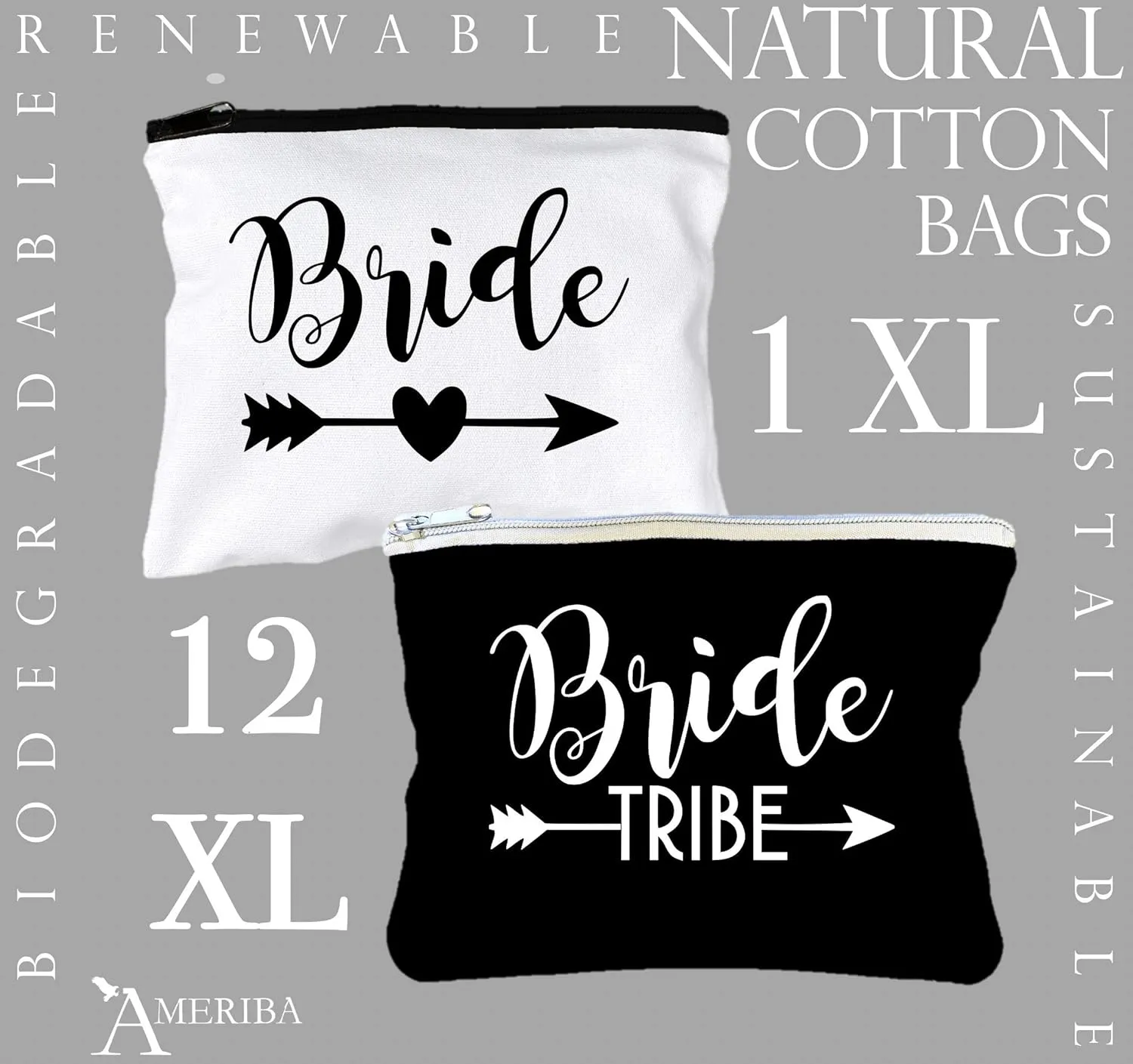 12 PACK SET   1 BRIDE BAG Premium Natural Cotton Canvas Makeup Bag- Bridesmaids Gifts for the Bachelorette Party or Bridal Shower