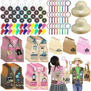 144 Pcs Kids Explore Costume Set Including Plastic Explorer Hats Safari Bag Vest Handheld Magnifying Glass Compass Keychain Whistles for Kids Outside Toys Party Favors Costume