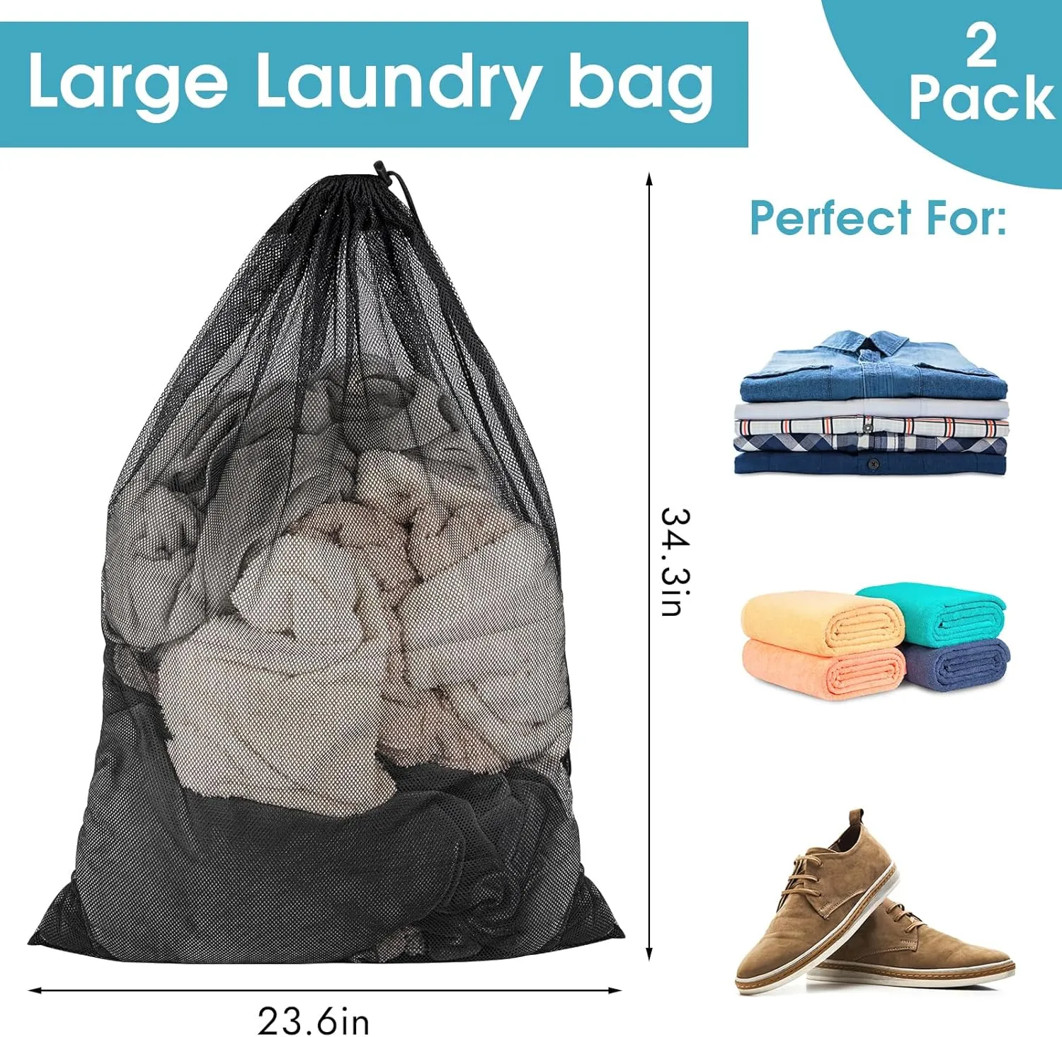 2 Pack Mesh Laundry Bags, 23 x 34 Inches Heavy Duty Mesh Laundry Bag, Large Laundry Drawstring Bag for College, Dorm, Travel, Family and Apartment Dwellers, Black