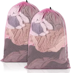 2 Pack Mesh Laundry Bags, 23 x 34 Inches Heavy Duty Mesh Laundry Bag, Large Laundry Drawstring Bag for College, Dorm, Travel, Family and Apartment Dwellers, Pink