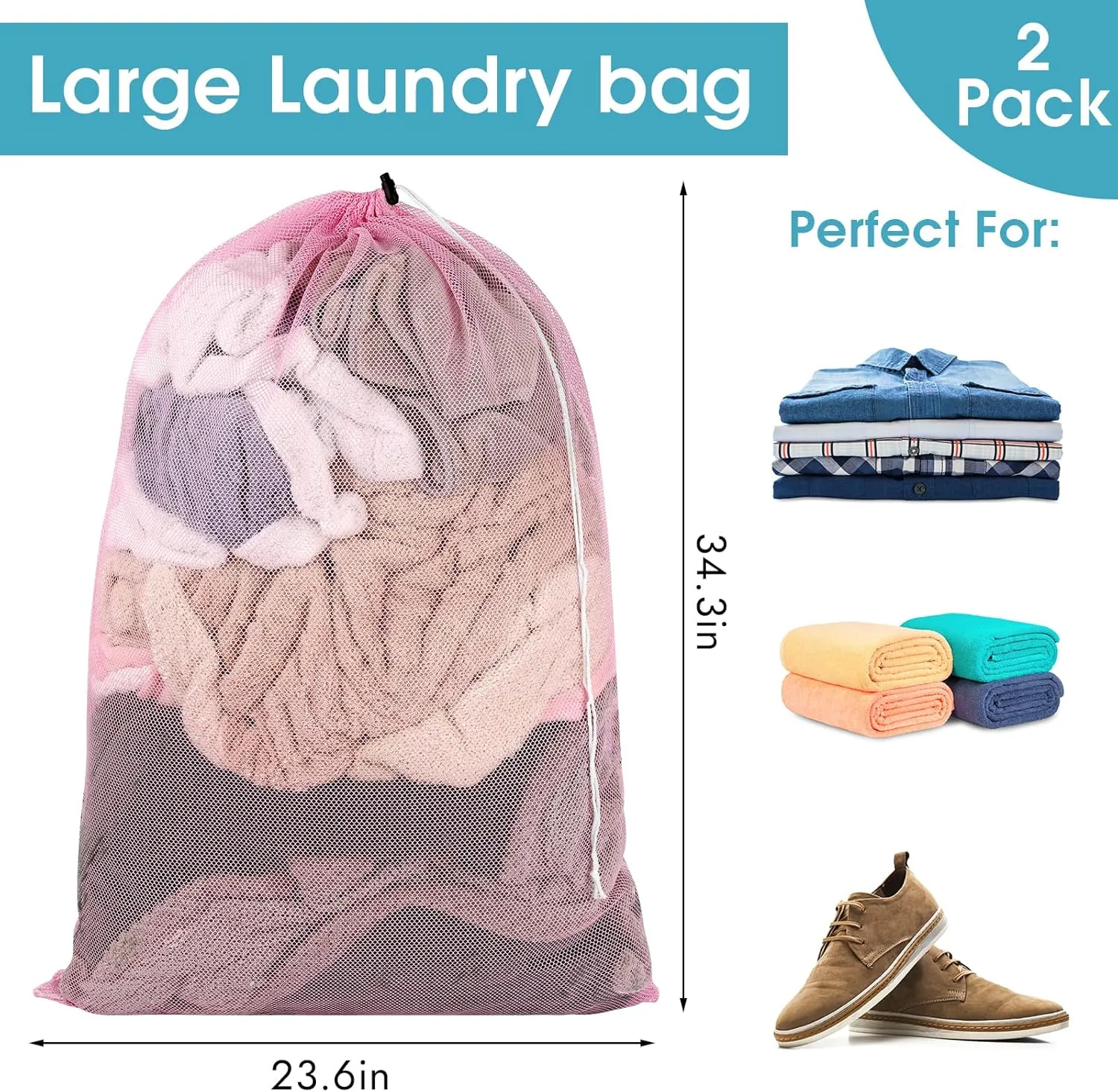 2 Pack Mesh Laundry Bags, 23 x 34 Inches Heavy Duty Mesh Laundry Bag, Large Laundry Drawstring Bag for College, Dorm, Travel, Family and Apartment Dwellers, Pink