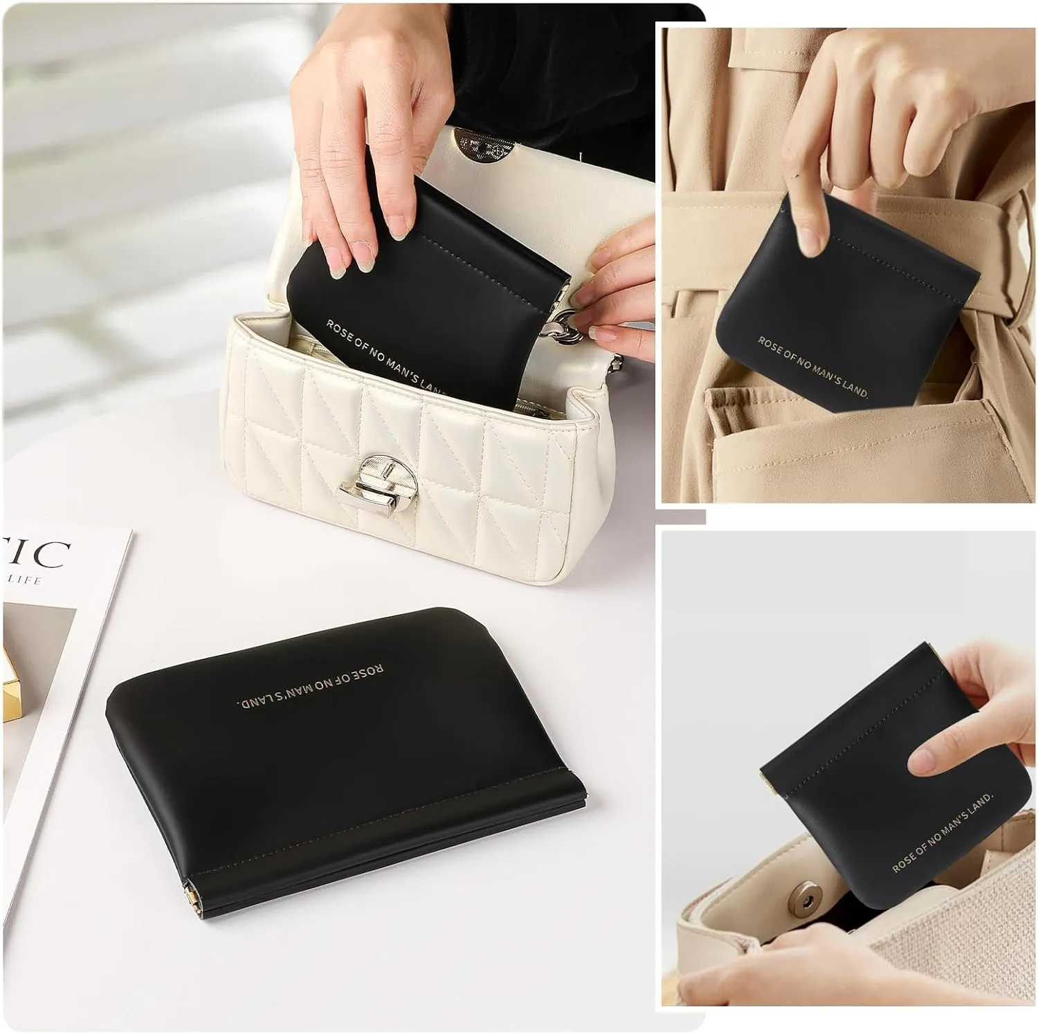 2 PCS Small Cosmetic Bag for Purse, Organosilicon Super Fiber Leather Mini Makeup Bag Coin Purse for Women, Snap Closure Travel Makeup Pouch for Lipstick Jewelry Key Change (Black)
