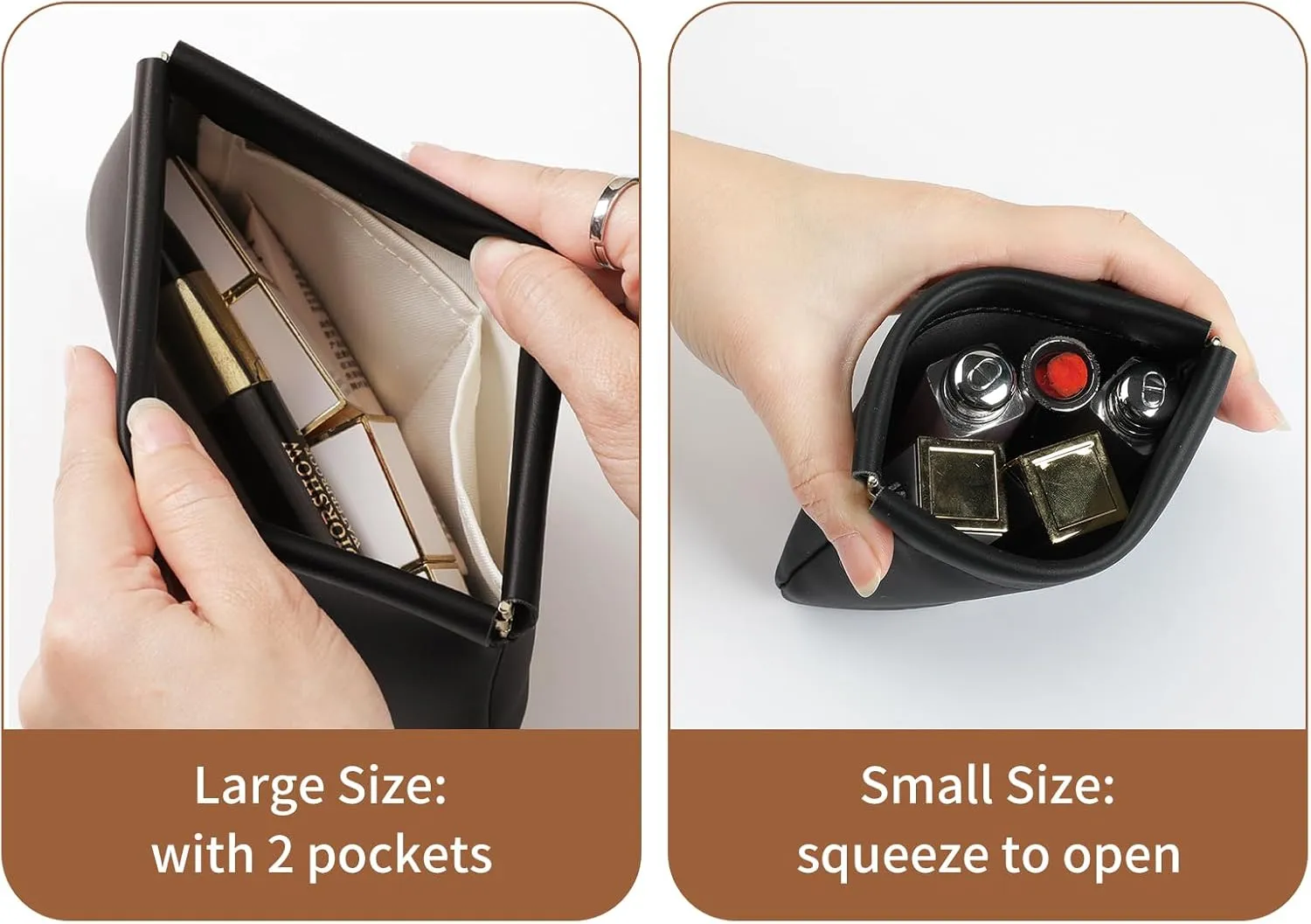 2 PCS Small Cosmetic Bag for Purse, Organosilicon Super Fiber Leather Mini Makeup Bag Coin Purse for Women, Snap Closure Travel Makeup Pouch for Lipstick Jewelry Key Change (Black)