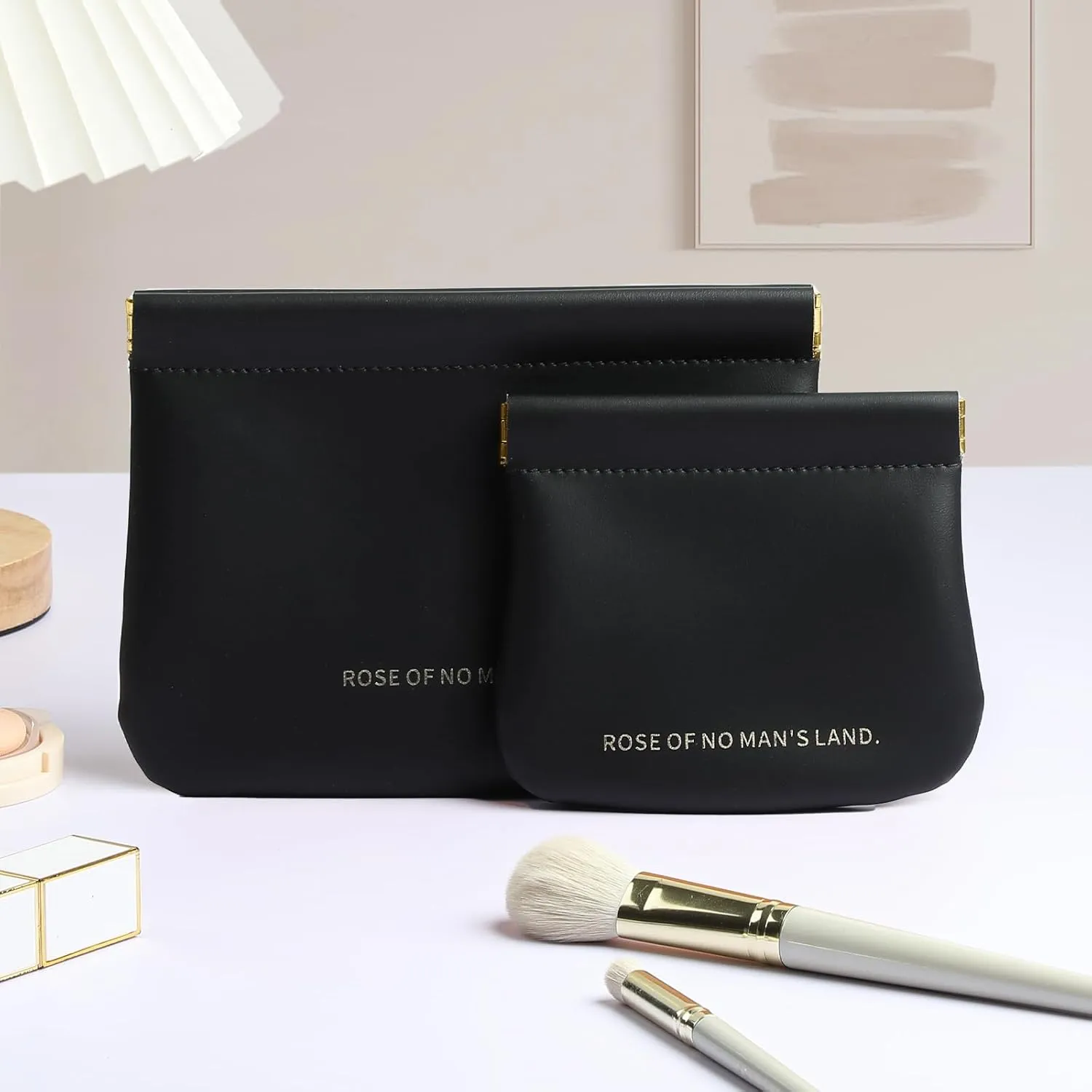 2 PCS Small Cosmetic Bag for Purse, Organosilicon Super Fiber Leather Mini Makeup Bag Coin Purse for Women, Snap Closure Travel Makeup Pouch for Lipstick Jewelry Key Change (Black)
