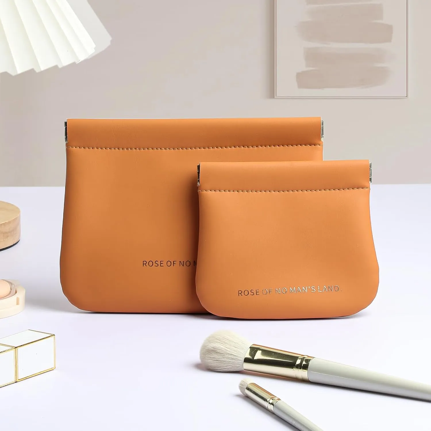 2 PCS Small Cosmetic Bag for Purse, Organosilicon Super Fiber Leather Mini Makeup Bag Coin Purse for Women, Snap Closure Travel Makeup Pouch for Lipstick Jewelry Key Change (Orange)