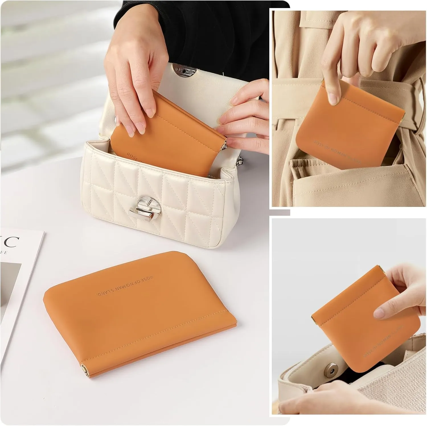 2 PCS Small Cosmetic Bag for Purse, Organosilicon Super Fiber Leather Mini Makeup Bag Coin Purse for Women, Snap Closure Travel Makeup Pouch for Lipstick Jewelry Key Change (Orange)