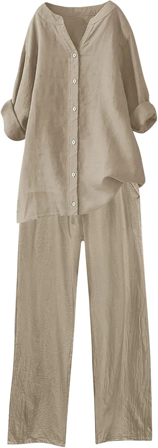 2 Piece Outfits For Women Cotton Linen Button Down Long Sleeve Shirts Plus Size Wide Leg Pants Tracksuit Sweatsuits