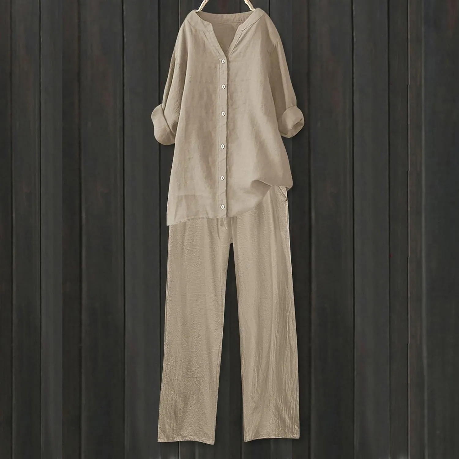 2 Piece Outfits For Women Cotton Linen Button Down Long Sleeve Shirts Plus Size Wide Leg Pants Tracksuit Sweatsuits