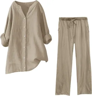 2 Piece Outfits For Women Cotton Linen Button Down Long Sleeve Shirts Plus Size Wide Leg Pants Tracksuit Sweatsuits