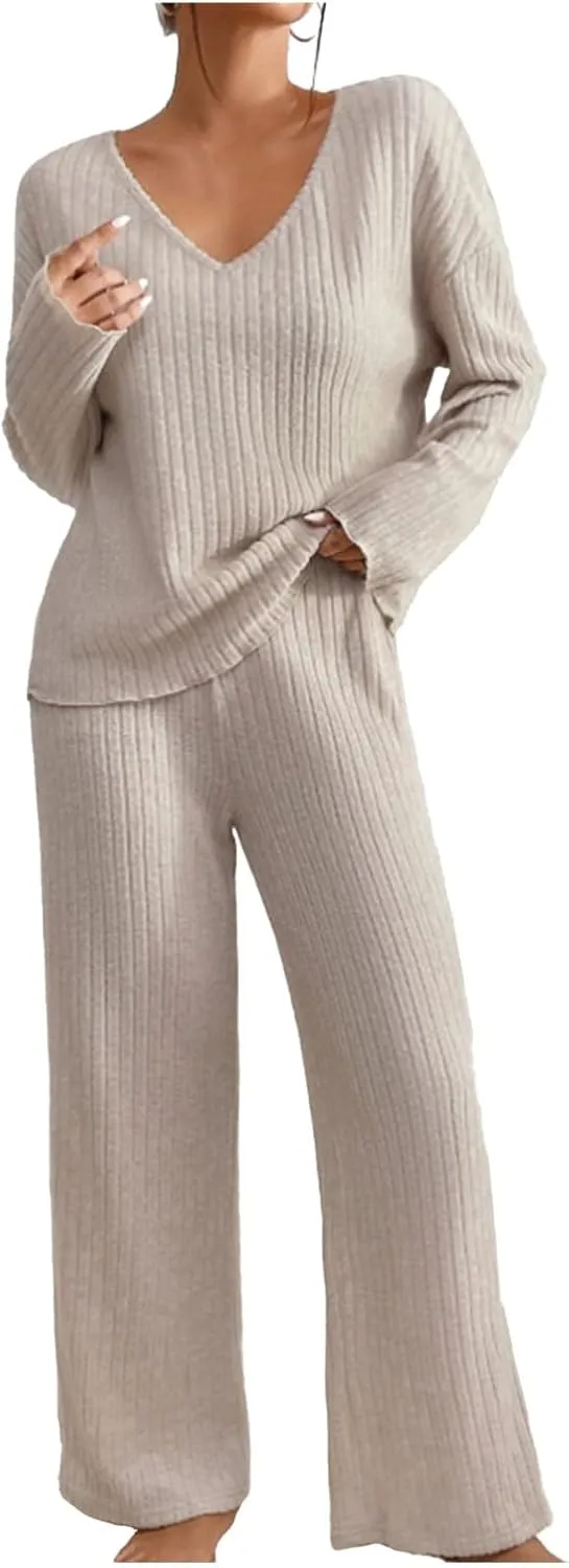 2 Piece Outfits for Women Knit Sweater Long Sleeve Crewneck Tops and Wide Leg Pants 2024 Ribbed Fall Lounge Set