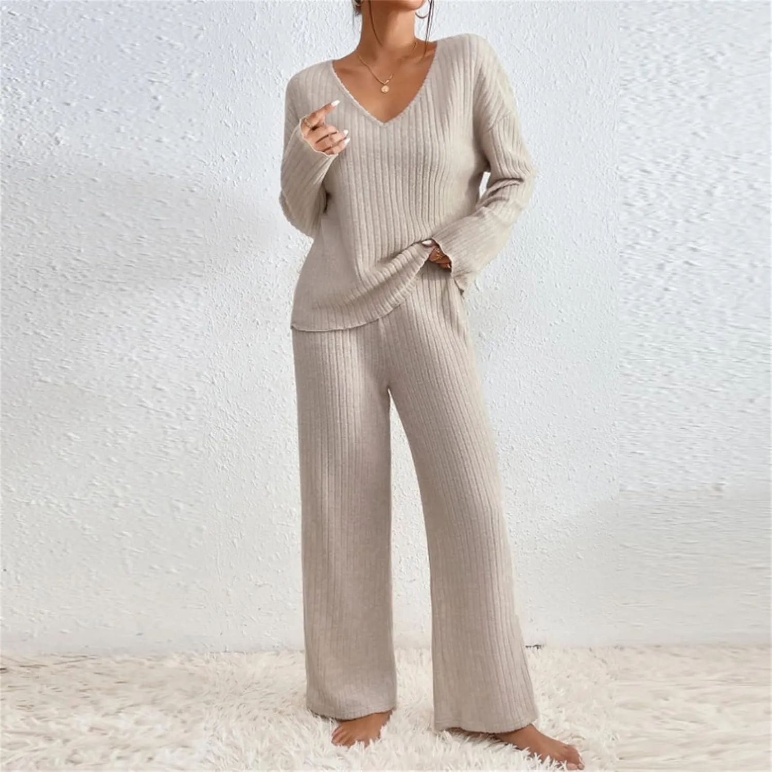 2 Piece Outfits for Women Knit Sweater Long Sleeve Crewneck Tops and Wide Leg Pants 2024 Ribbed Fall Lounge Set