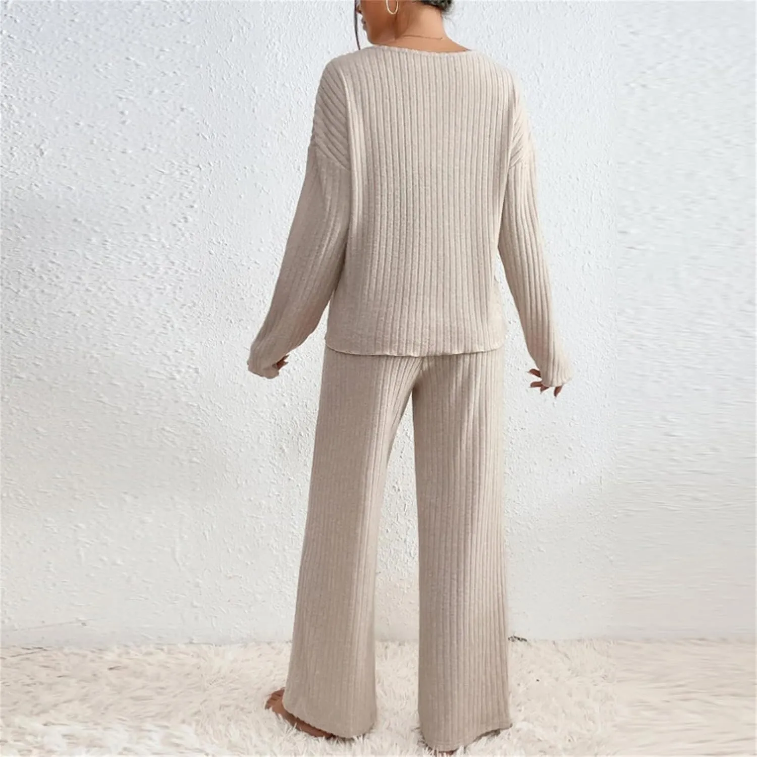 2 Piece Outfits for Women Knit Sweater Long Sleeve Crewneck Tops and Wide Leg Pants 2024 Ribbed Fall Lounge Set