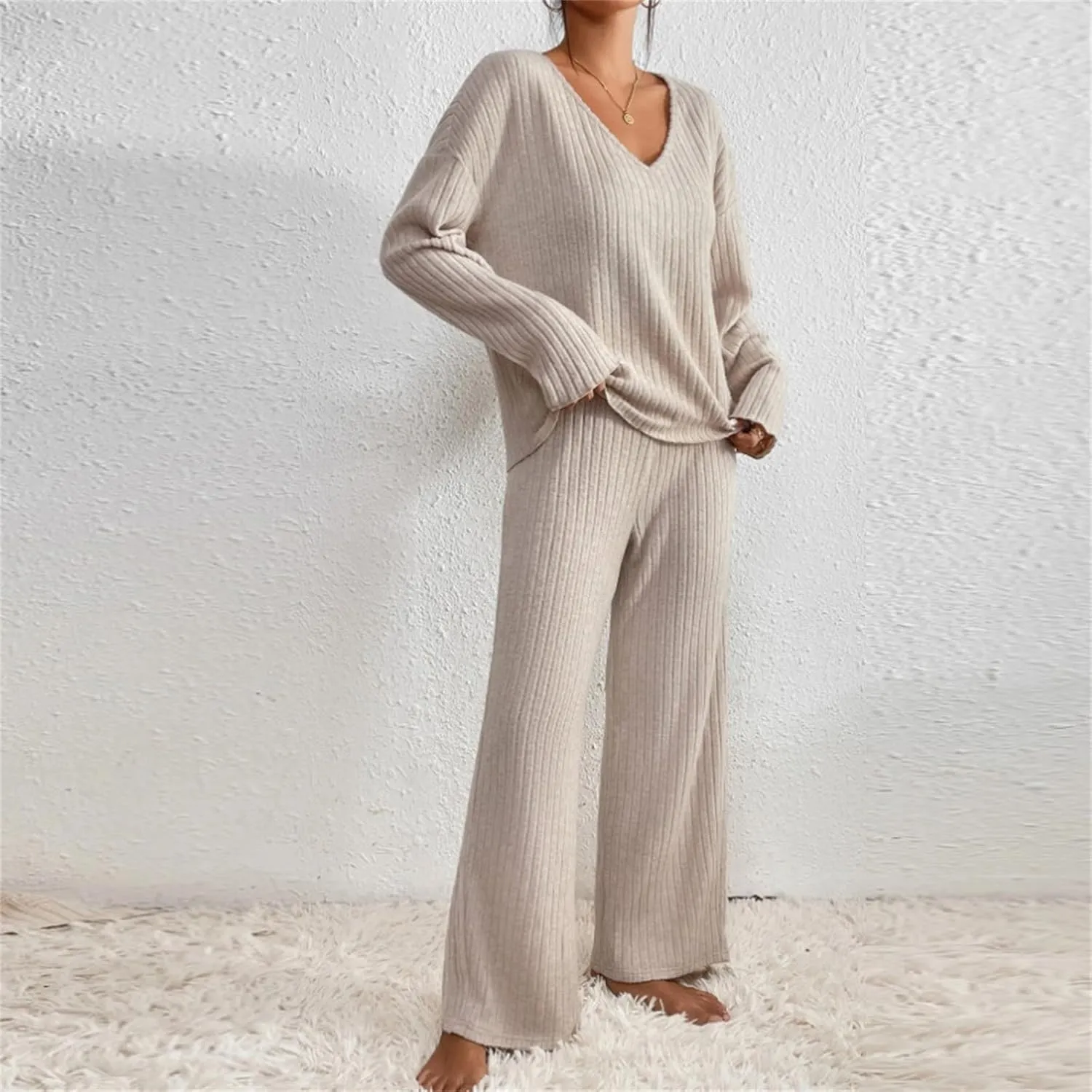 2 Piece Outfits for Women Knit Sweater Long Sleeve Crewneck Tops and Wide Leg Pants 2024 Ribbed Fall Lounge Set