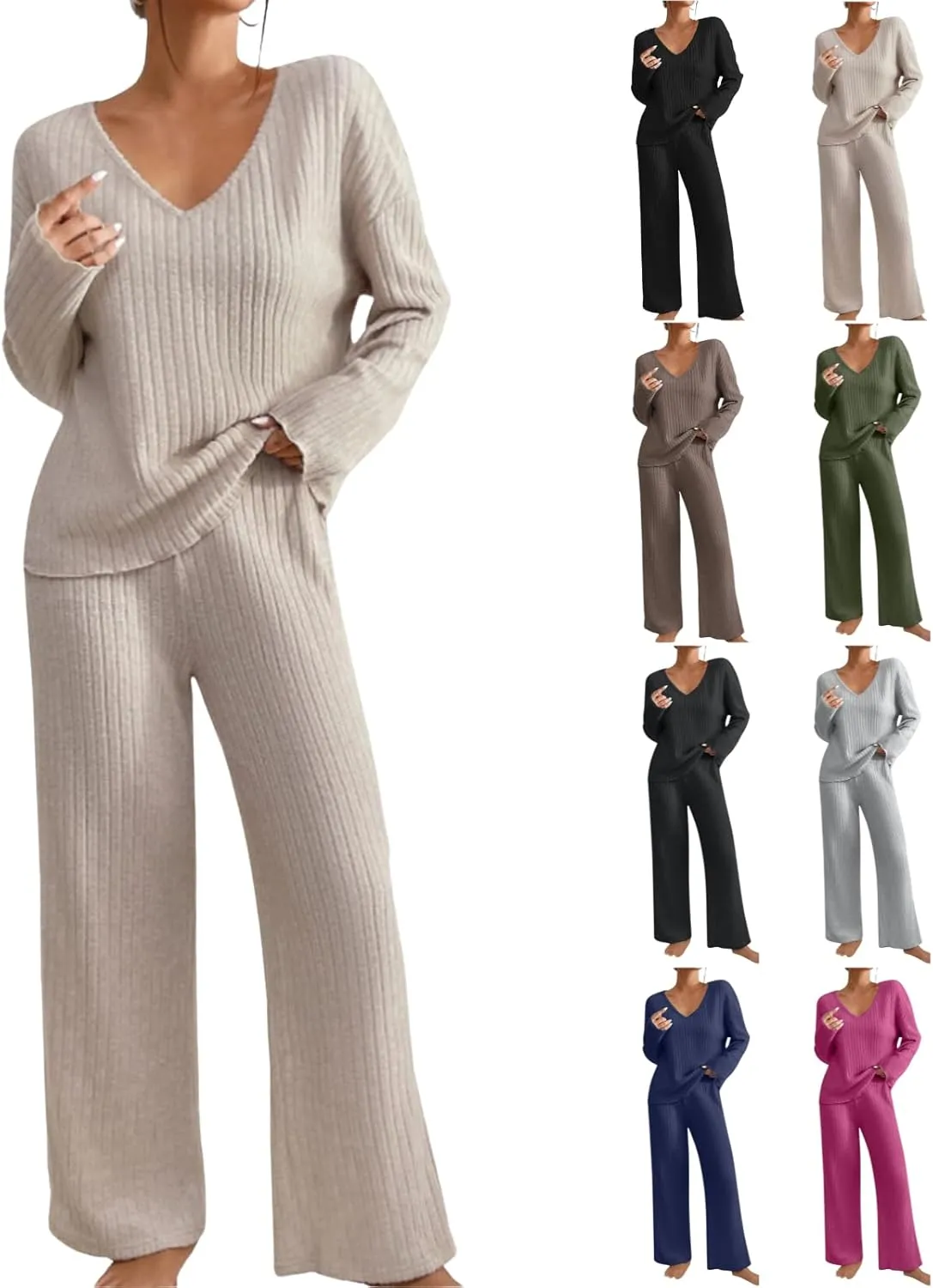 2 Piece Outfits for Women Knit Sweater Long Sleeve Crewneck Tops and Wide Leg Pants 2024 Ribbed Fall Lounge Set
