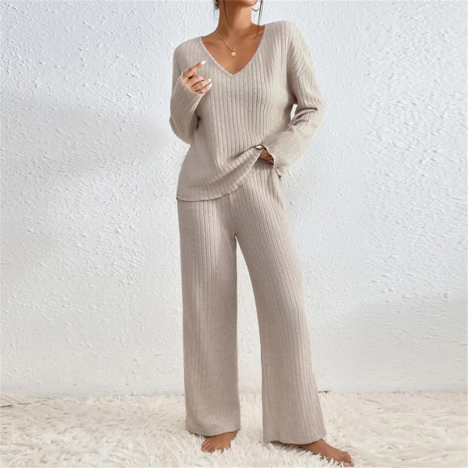 2 Piece Outfits for Women Knit Sweater Long Sleeve Crewneck Tops and Wide Leg Pants 2024 Ribbed Fall Lounge Set