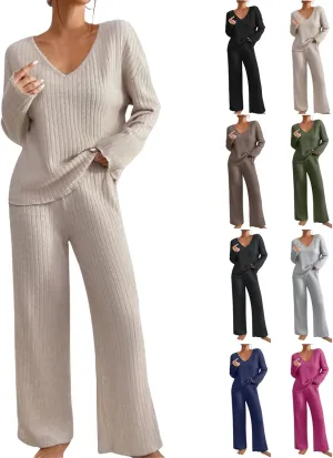 2 Piece Outfits for Women Knit Sweater Long Sleeve Crewneck Tops and Wide Leg Pants 2024 Ribbed Fall Lounge Set