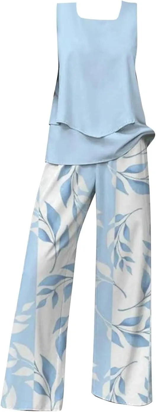2 Piece Sets for Women Summer Sleeveless Lounge Sets Square Neck Tops Wide Leg Crop Pants Beach Vacation Outfits