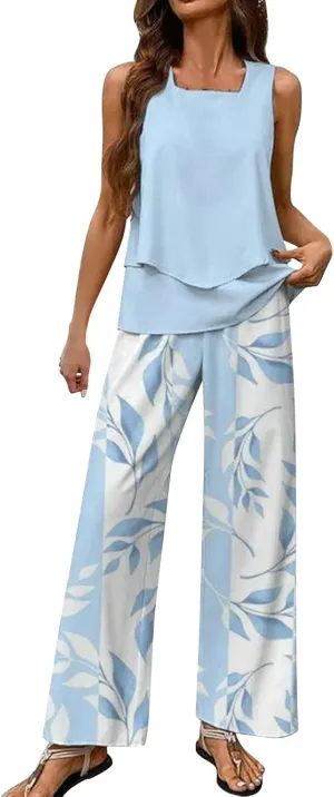 2 Piece Sets for Women Summer Sleeveless Lounge Sets Square Neck Tops Wide Leg Crop Pants Beach Vacation Outfits