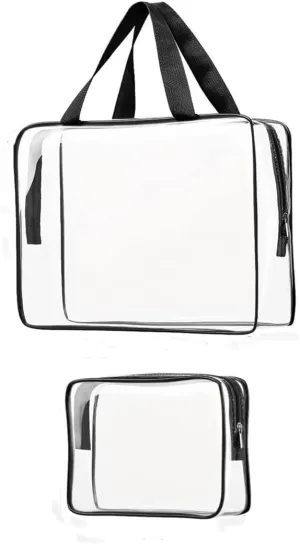 2 Pieces Large Clear Travel Bags for Toiletries, Waterproof Clear Plastic Cosmetic Makeup Bags, Transparent Packing Organizer Storage Bags (Black)