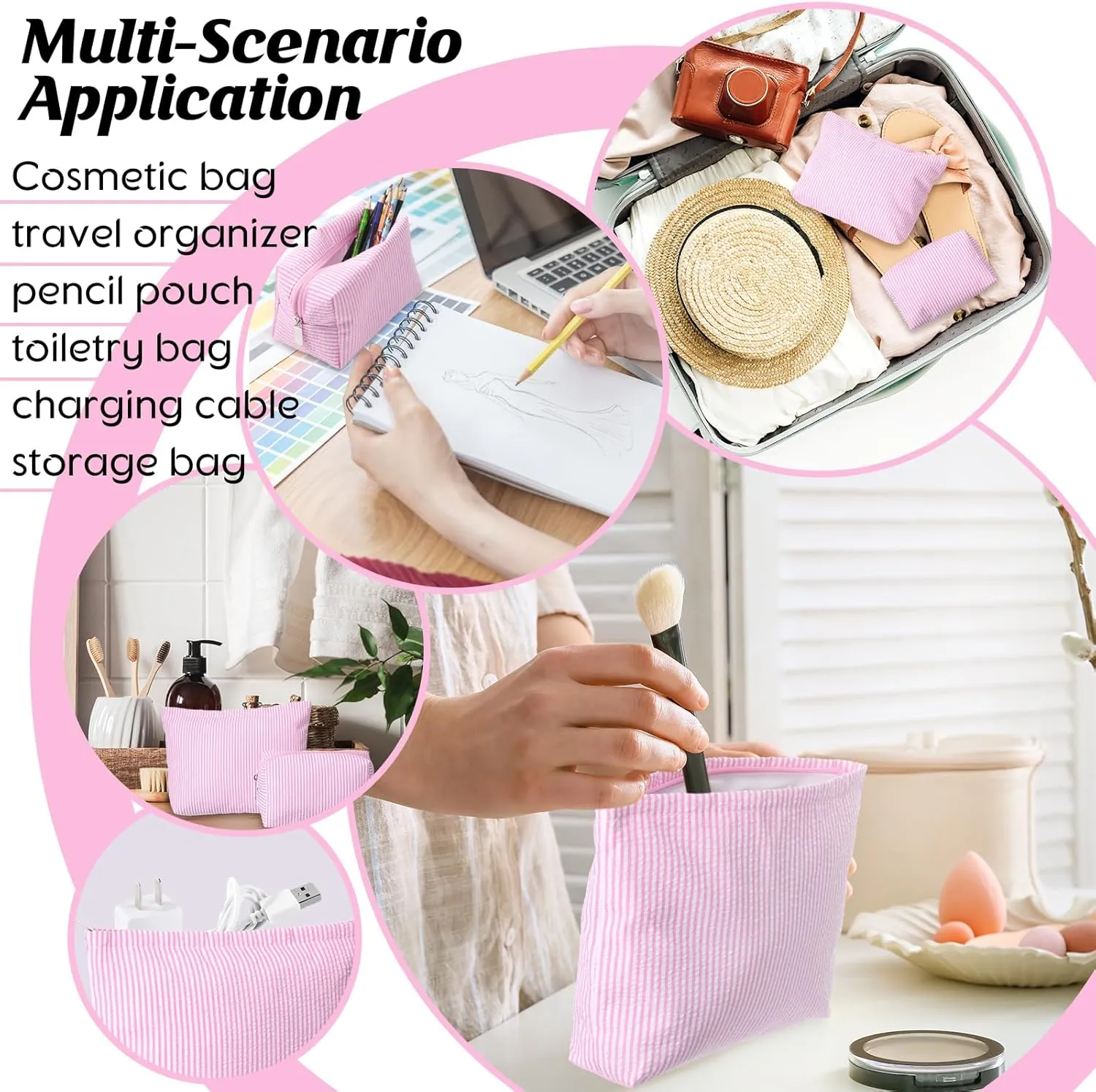 2 Pieces Makeup Bag Set Cute Cosmetic Pouch for Women Travel Toiletry Bag Preppy Small Makeup Purse Pouch Aesthetic Skincare Brushes Storage Organizer for Women(Pink)