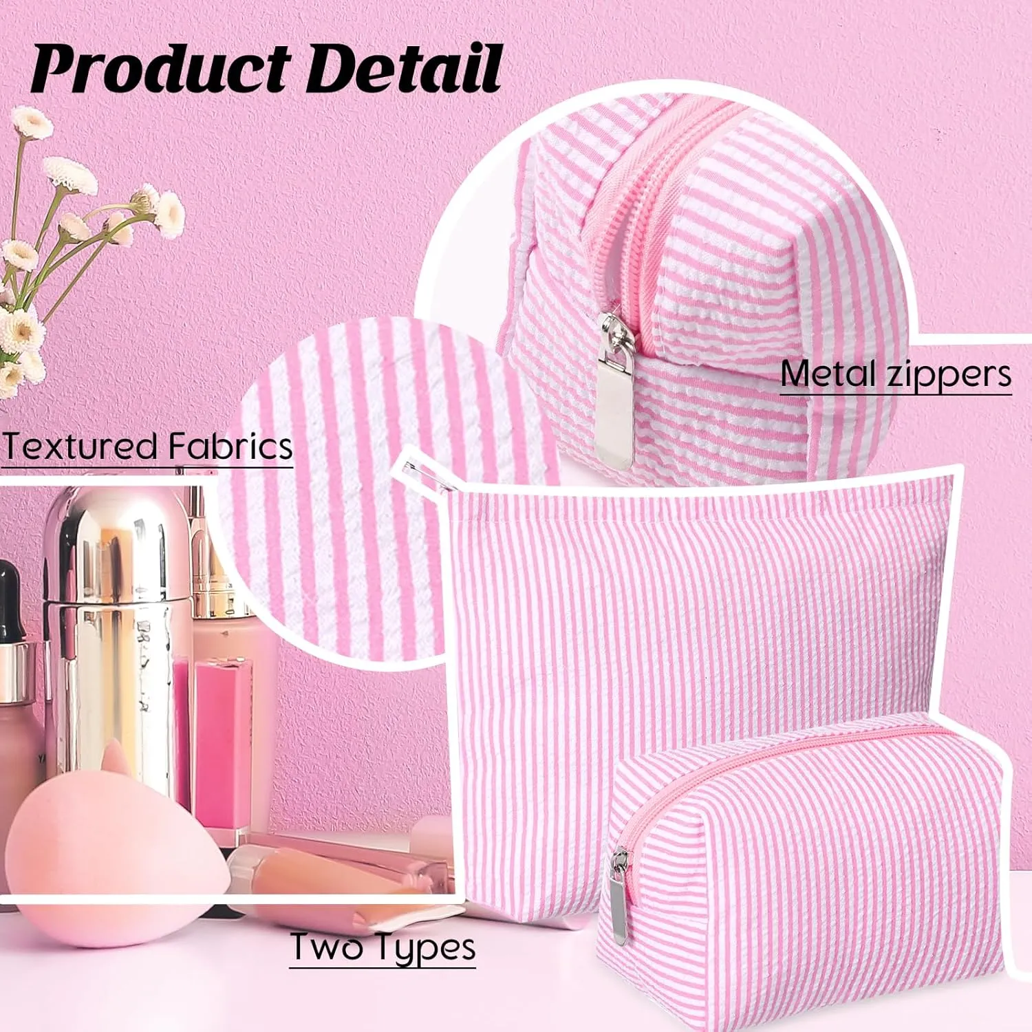 2 Pieces Makeup Bag Set Cute Cosmetic Pouch for Women Travel Toiletry Bag Preppy Small Makeup Purse Pouch Aesthetic Skincare Brushes Storage Organizer for Women(Pink)
