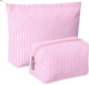 2 Pieces Makeup Bag Set Cute Cosmetic Pouch for Women Travel Toiletry Bag Preppy Small Makeup Purse Pouch Aesthetic Skincare Brushes Storage Organizer for Women(Pink)