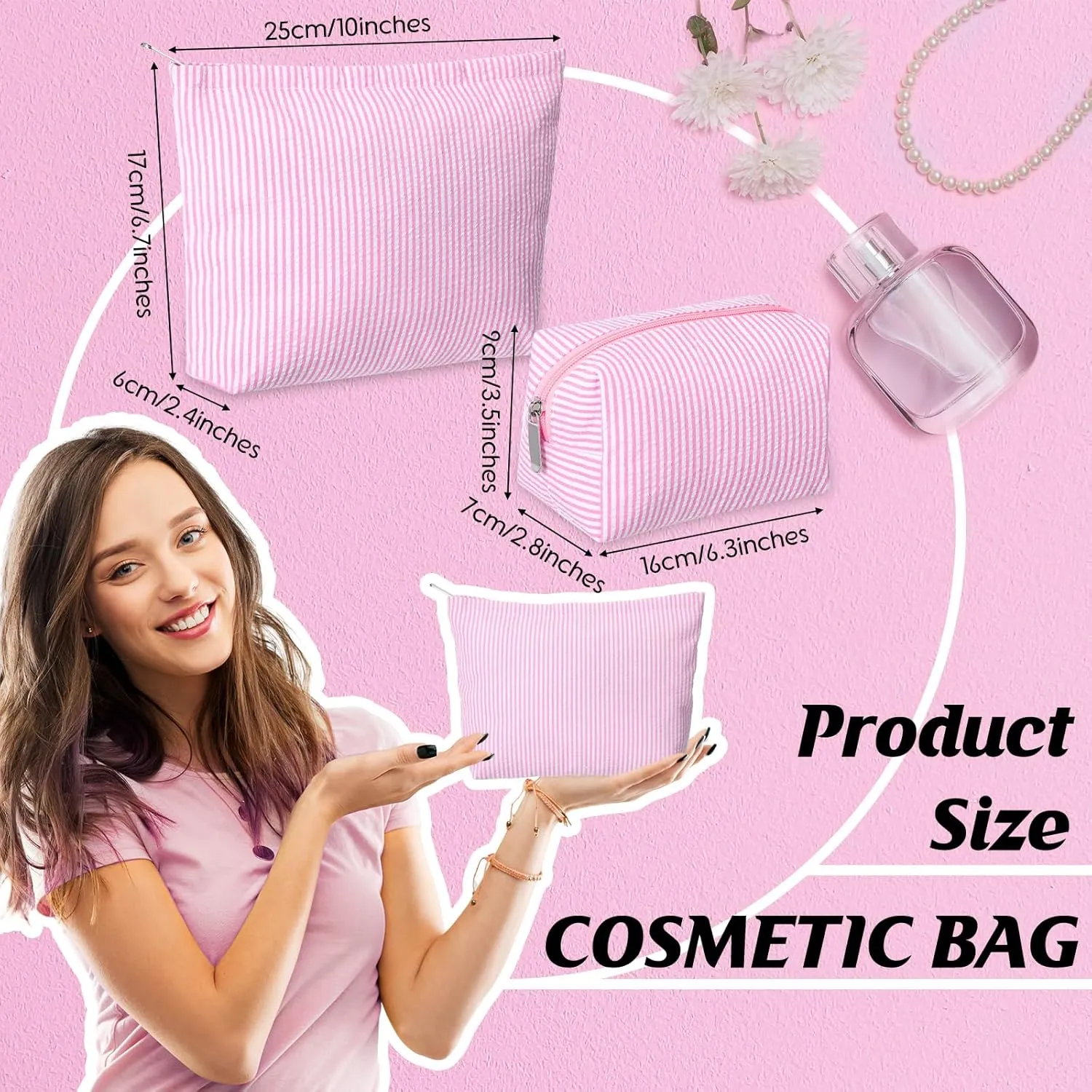 2 Pieces Makeup Bag Set Cute Cosmetic Pouch for Women Travel Toiletry Bag Preppy Small Makeup Purse Pouch Aesthetic Skincare Brushes Storage Organizer for Women(Pink)
