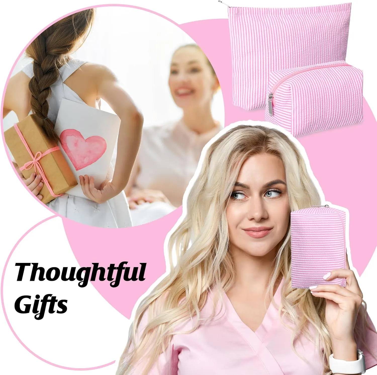 2 Pieces Makeup Bag Set Cute Cosmetic Pouch for Women Travel Toiletry Bag Preppy Small Makeup Purse Pouch Aesthetic Skincare Brushes Storage Organizer for Women(Pink)