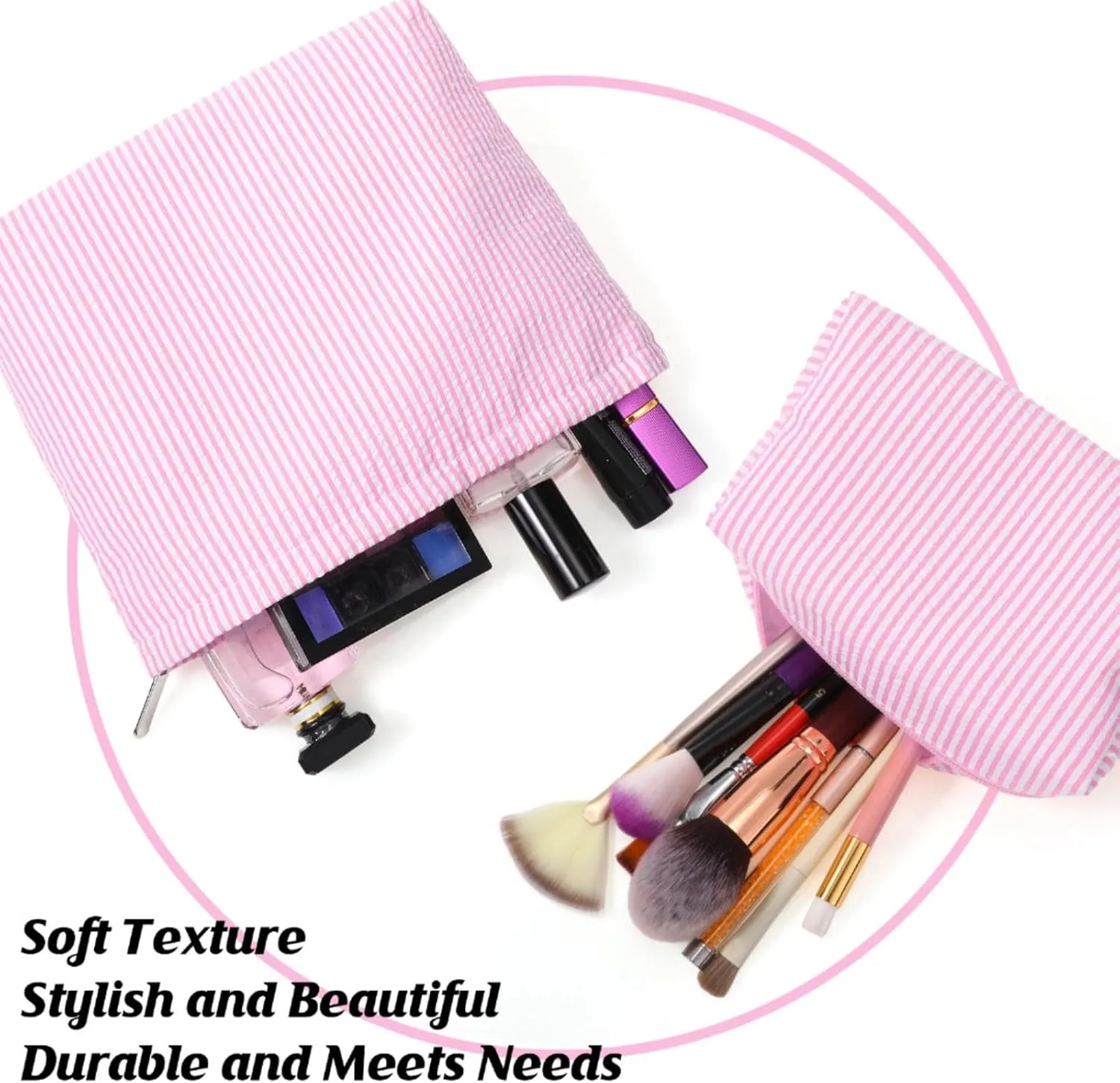 2 Pieces Makeup Bag Set Cute Cosmetic Pouch for Women Travel Toiletry Bag Preppy Small Makeup Purse Pouch Aesthetic Skincare Brushes Storage Organizer for Women(Pink)