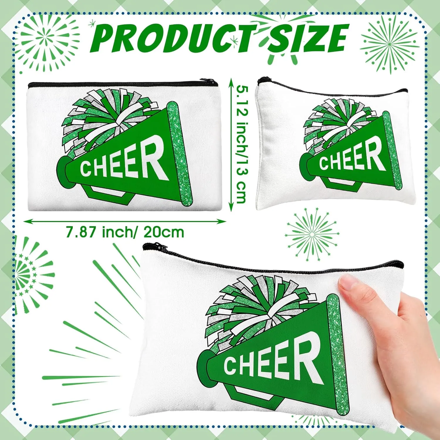 20 Pcs Cheer Makeup Bag Cheer Teams Gifts Canvas Makeup Case Cheerleader Teams Gifts Zipper Pouch for cheerleading Teammates Party Supplies(Green)