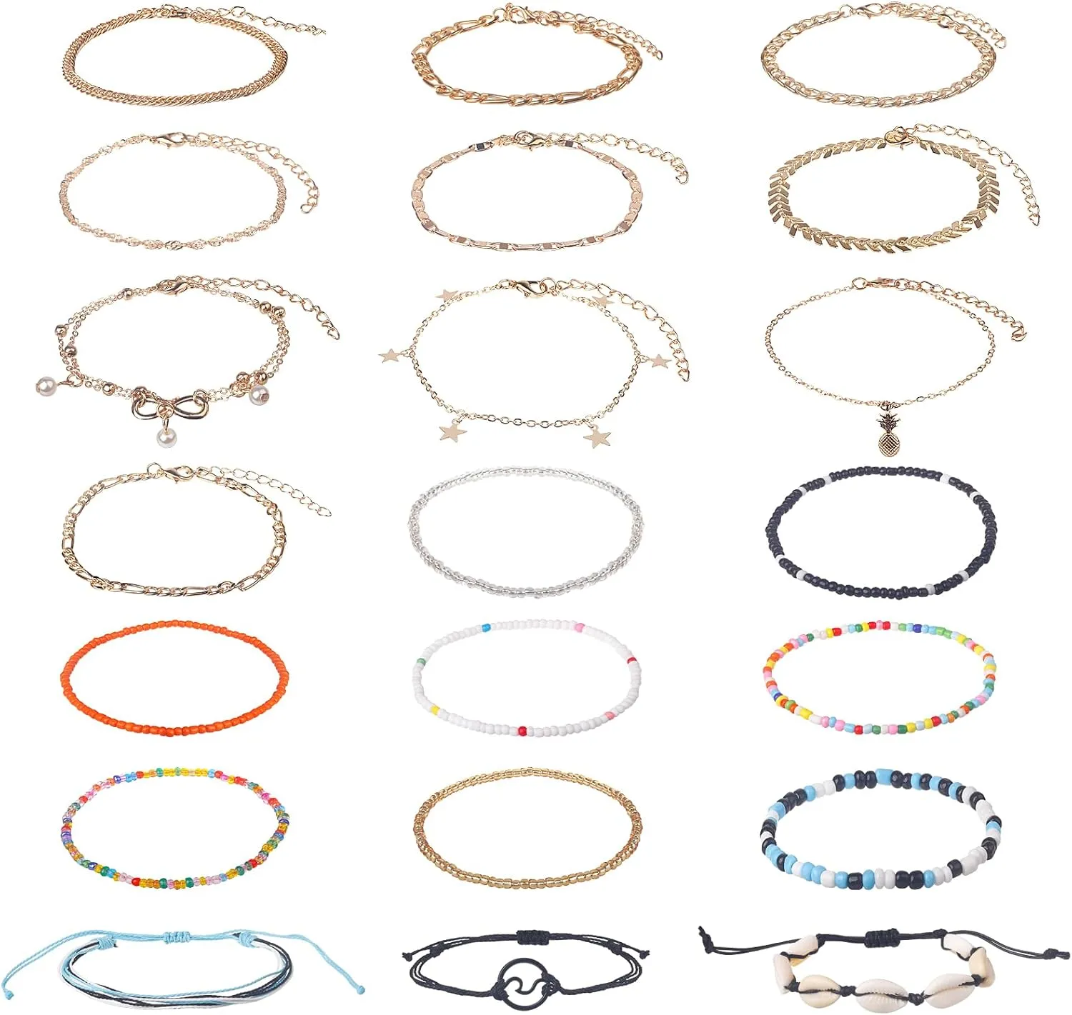 21 Pcs Gold Ankle Bracelets for Women, Women's Charm Anklet Set Gold Multilayer Adjustable Ankle Bracelets Boho Beach Foot Anklet for Women