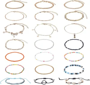 21 Pcs Gold Ankle Bracelets for Women, Women's Charm Anklet Set Gold Multilayer Adjustable Ankle Bracelets Boho Beach Foot Anklet for Women