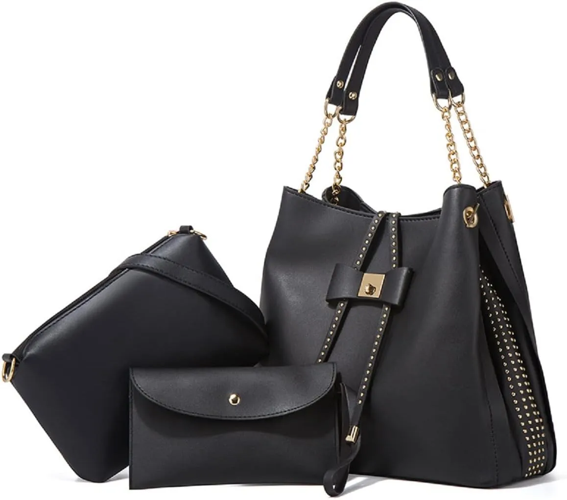 3-PC Tote Bags Faux Leather Purses and Handbags for Women Top-handle Bags Bowknot Shoulder Satchel Hobo Bags Yellow