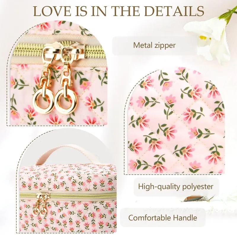 3 PCS Travel Makeup Bag Set, A-Z Initials Cotton Make up Bag Floral Quilted Cosmetic Bag for Girls and Women, Personalized Cute Toiletry Bag Travel Accessories Brushes Bag Blue - B