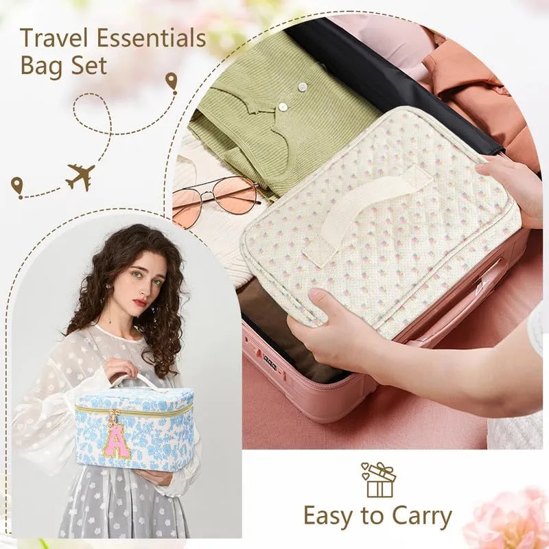 3 PCS Travel Makeup Bag Set, A-Z Initials Cotton Make up Bag Floral Quilted Cosmetic Bag for Girls and Women, Personalized Cute Toiletry Bag Travel Accessories Brushes Bag Blue - B