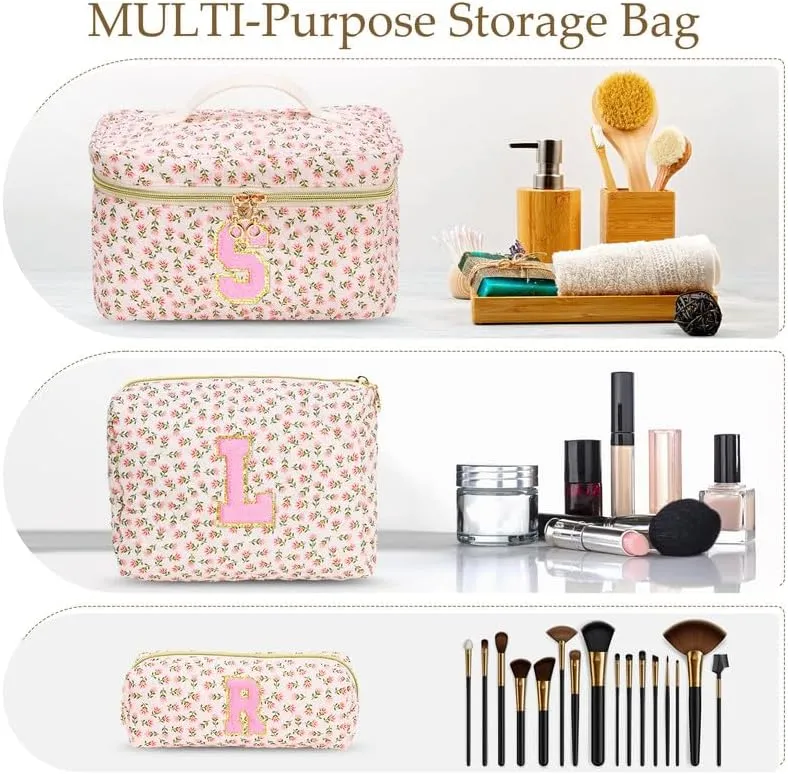 3 PCS Travel Makeup Bag Set, A-Z Initials Cotton Make up Bag Floral Quilted Cosmetic Bag for Girls and Women, Personalized Cute Toiletry Bag Travel Accessories Brushes Bag Blue - B
