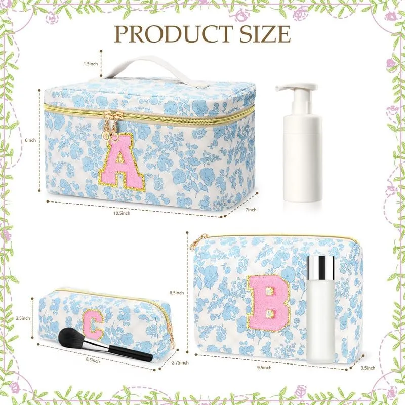 3 PCS Travel Makeup Bag Set, A-Z Initials Cotton Make up Bag Floral Quilted Cosmetic Bag for Girls and Women, Personalized Cute Toiletry Bag Travel Accessories Brushes Bag Blue - B