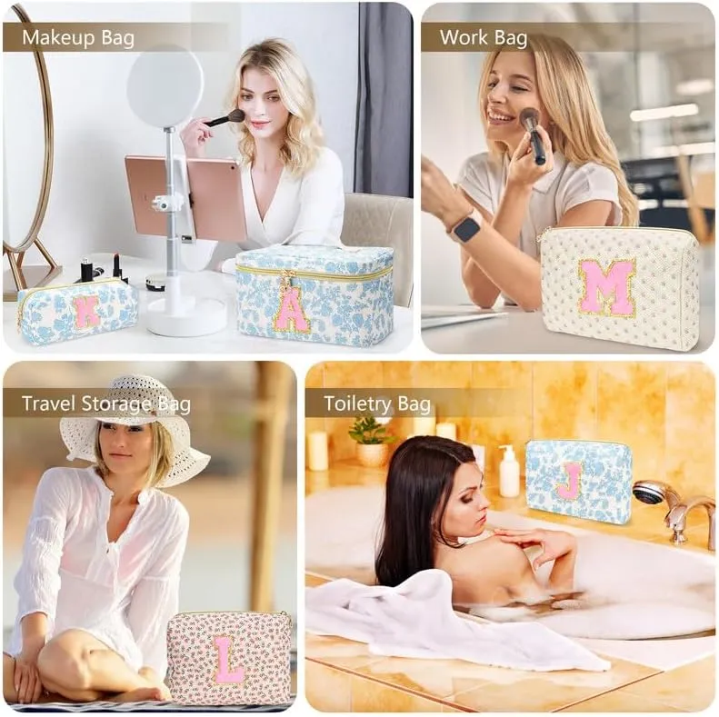 3 PCS Travel Makeup Bag Set, A-Z Initials Cotton Make up Bag Floral Quilted Cosmetic Bag for Girls and Women, Personalized Cute Toiletry Bag Travel Accessories Brushes Bag Blue - B