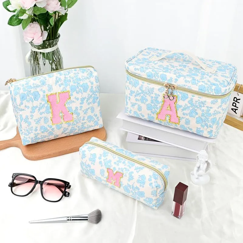 3 PCS Travel Makeup Bag Set, A-Z Initials Cotton Make up Bag Floral Quilted Cosmetic Bag for Girls and Women, Personalized Cute Toiletry Bag Travel Accessories Brushes Bag Blue - B