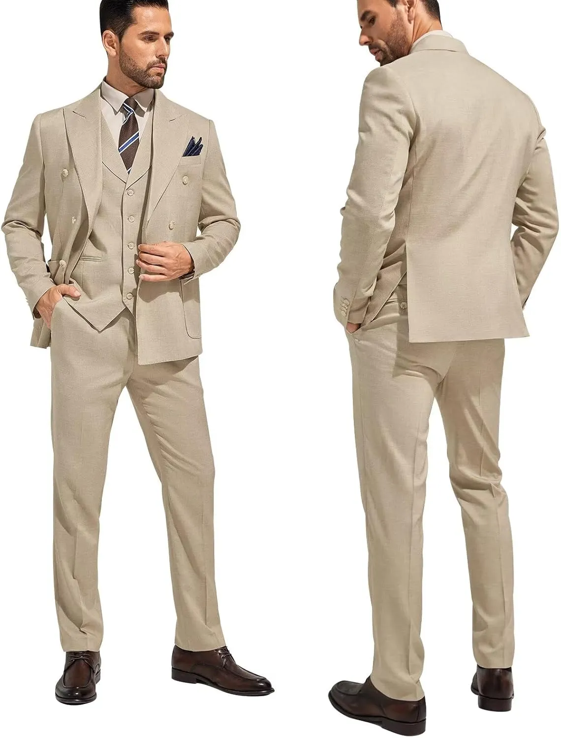 3 Piece Mens Suit Slim Fit Double Breasted Tuxedo Suits Solid Blazer Jacket Vest Pants Set Wedding Prom Outfit for Men