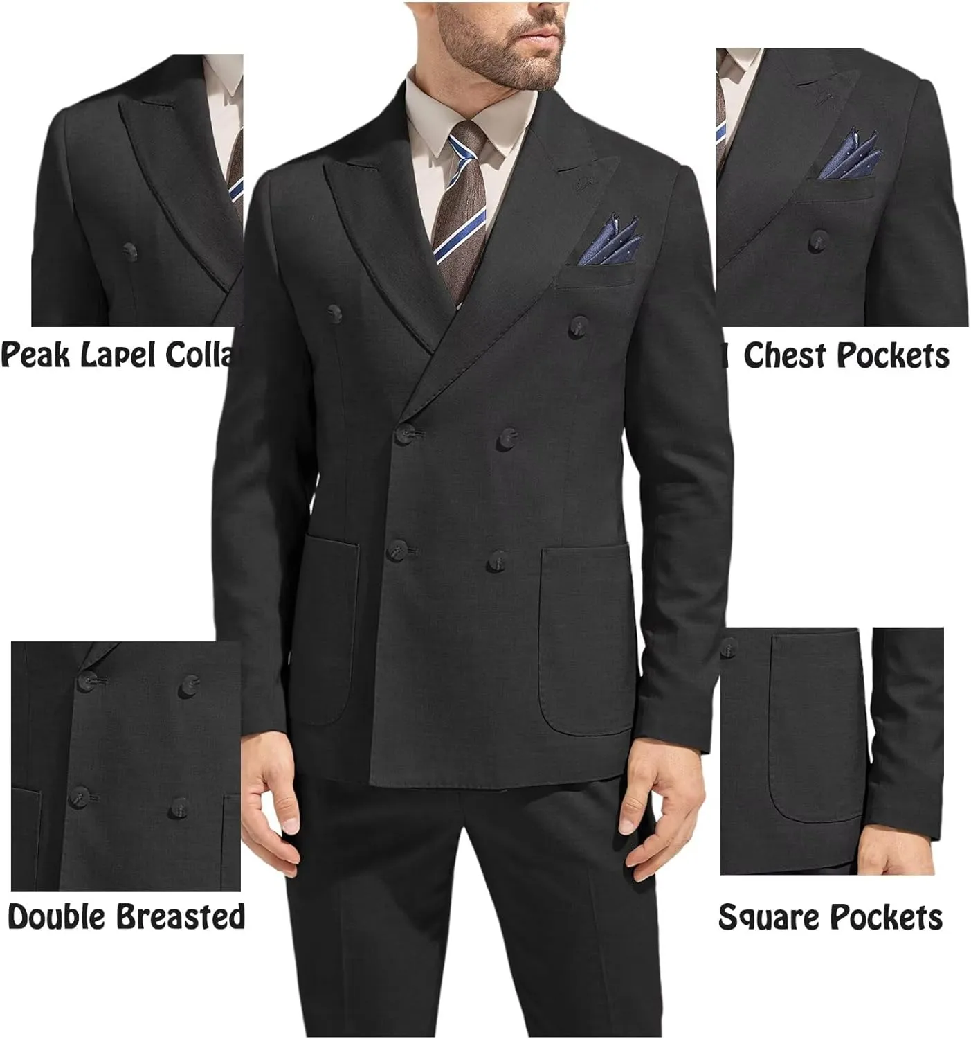 3 Piece Mens Suit Slim Fit Double Breasted Tuxedo Suits Solid Blazer Jacket Vest Pants Set Wedding Prom Outfit for Men
