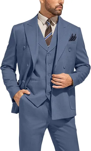 3 Piece Mens Suit Slim Fit Double Breasted Tuxedo Suits Solid Blazer Jacket Vest Pants Set Wedding Prom Outfit for Men