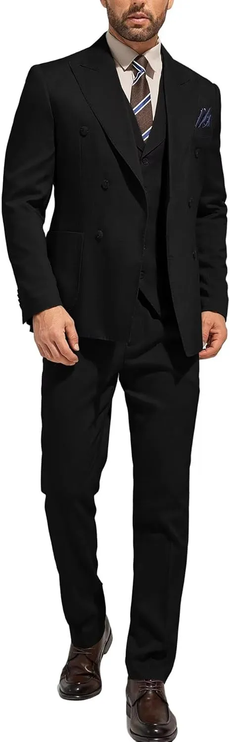 3 Piece Mens Suit Slim Fit Double Breasted Tuxedo Suits Solid Blazer Jacket Vest Pants Set Wedding Prom Outfit for Men