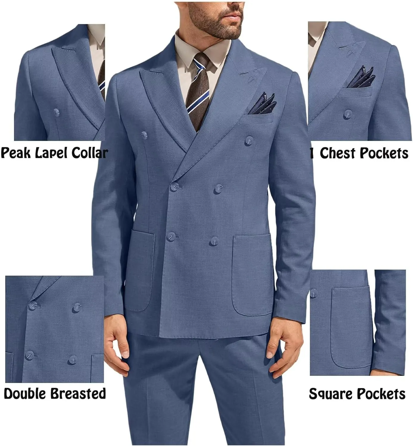 3 Piece Mens Suit Slim Fit Double Breasted Tuxedo Suits Solid Blazer Jacket Vest Pants Set Wedding Prom Outfit for Men