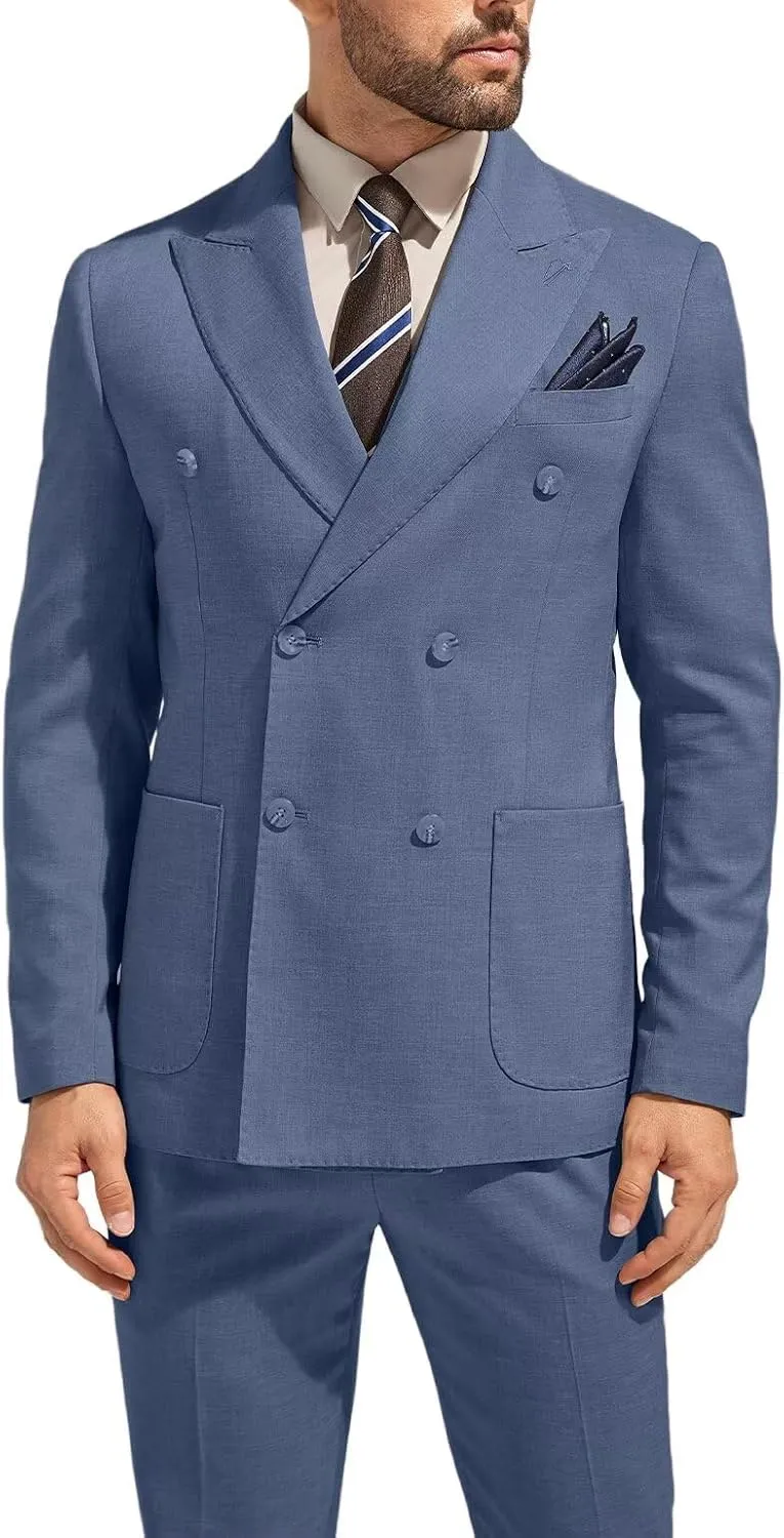 3 Piece Mens Suit Slim Fit Double Breasted Tuxedo Suits Solid Blazer Jacket Vest Pants Set Wedding Prom Outfit for Men