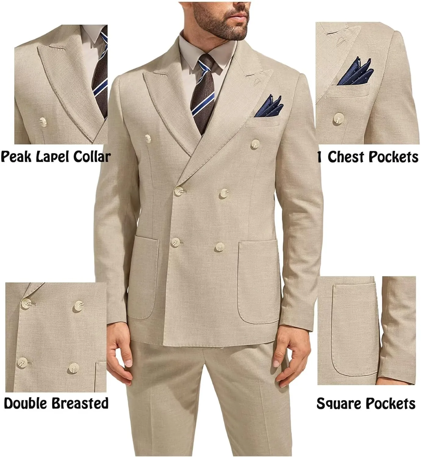 3 Piece Mens Suit Slim Fit Double Breasted Tuxedo Suits Solid Blazer Jacket Vest Pants Set Wedding Prom Outfit for Men
