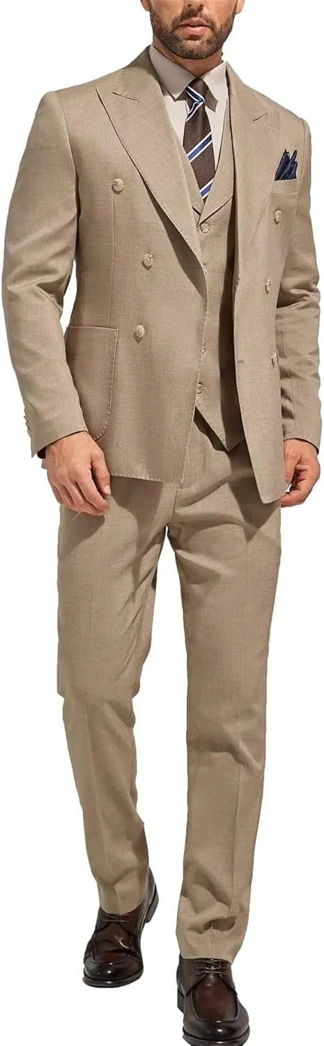 3 Piece Mens Suit Slim Fit Double Breasted Tuxedo Suits Solid Blazer Jacket Vest Pants Set Wedding Prom Outfit for Men