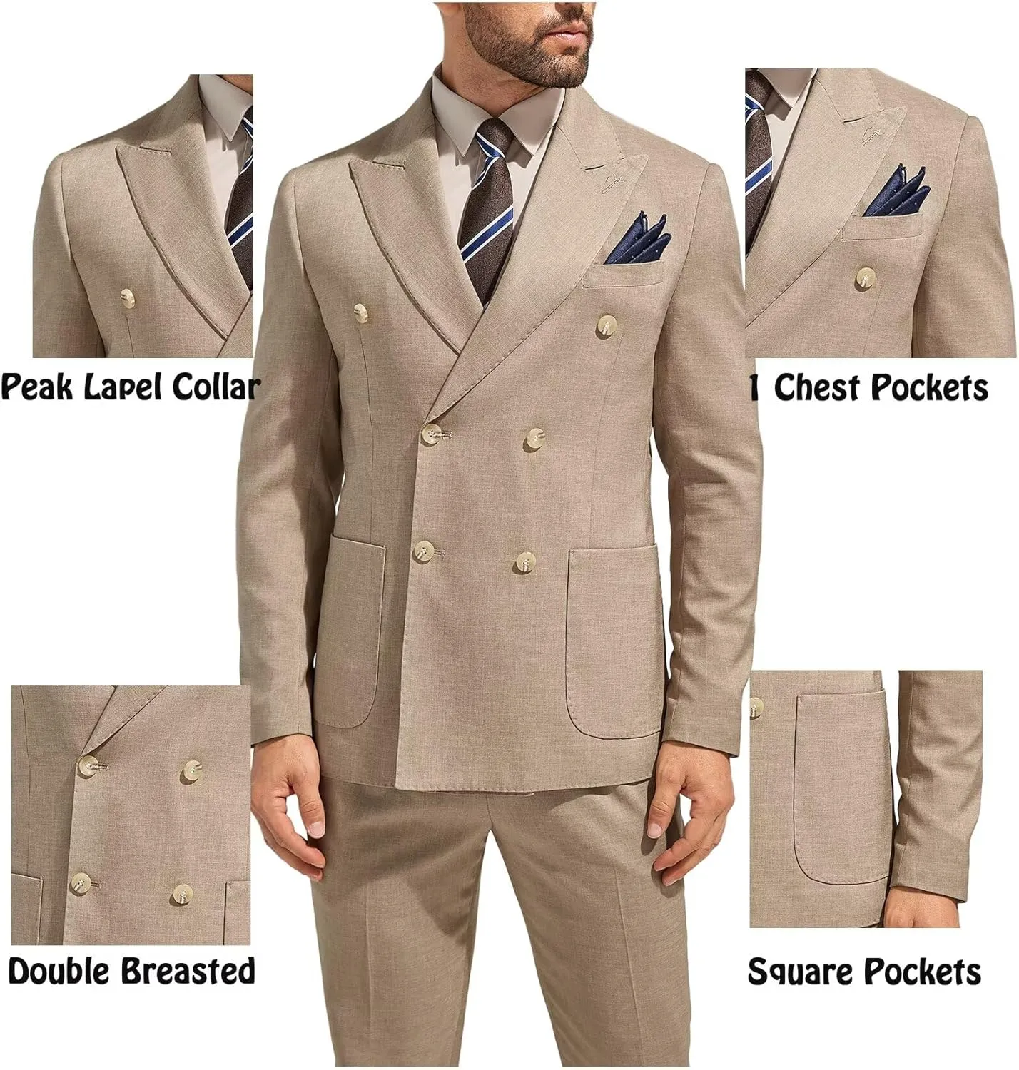3 Piece Mens Suit Slim Fit Double Breasted Tuxedo Suits Solid Blazer Jacket Vest Pants Set Wedding Prom Outfit for Men