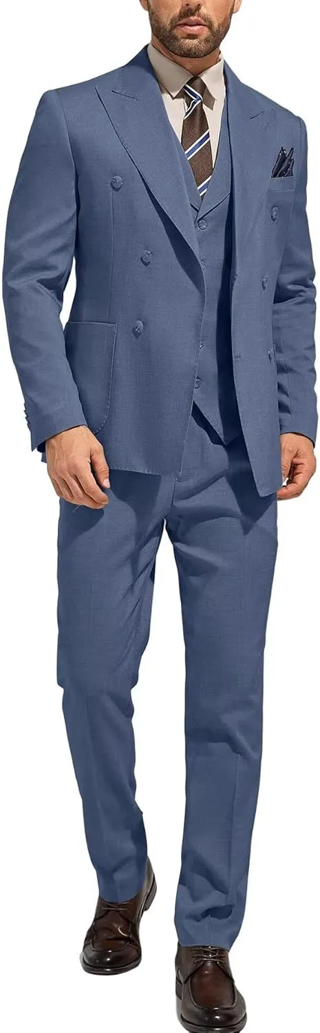 3 Piece Mens Suit Slim Fit Double Breasted Tuxedo Suits Solid Blazer Jacket Vest Pants Set Wedding Prom Outfit for Men